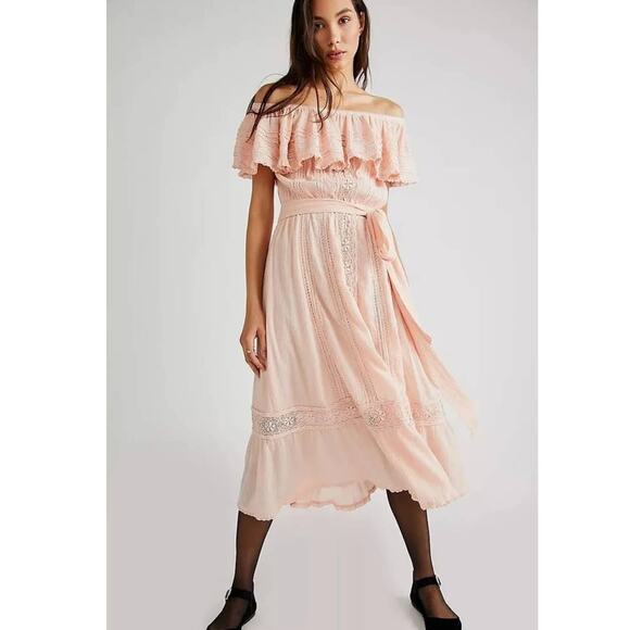 New Free People x Spell Cassie Off The Shoulder Lace Gown $299 X-SMALL Pink - Picture 1 of 10